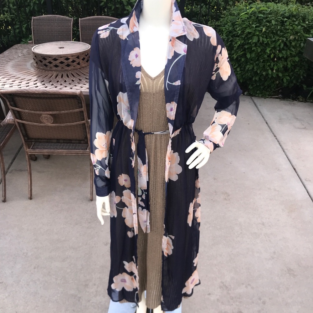 SHEER floral long 3/4 sleeve duster maxi COVER UP - Picture 4 of 16